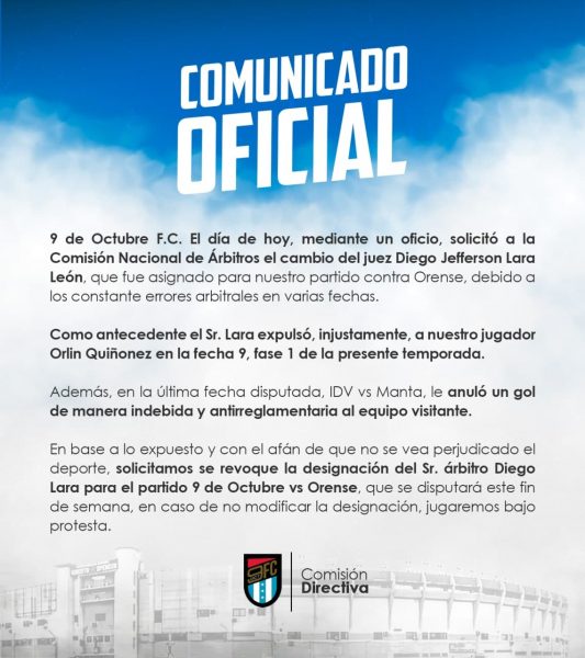 9 de octubre comunicado 2021 liga pro diego lara