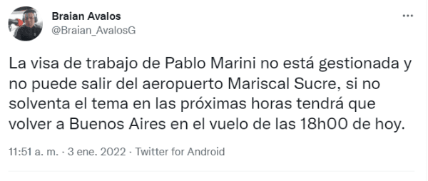 Pablo Marini DT de Liga de Quito no puede salir del aeropuerto de Quito